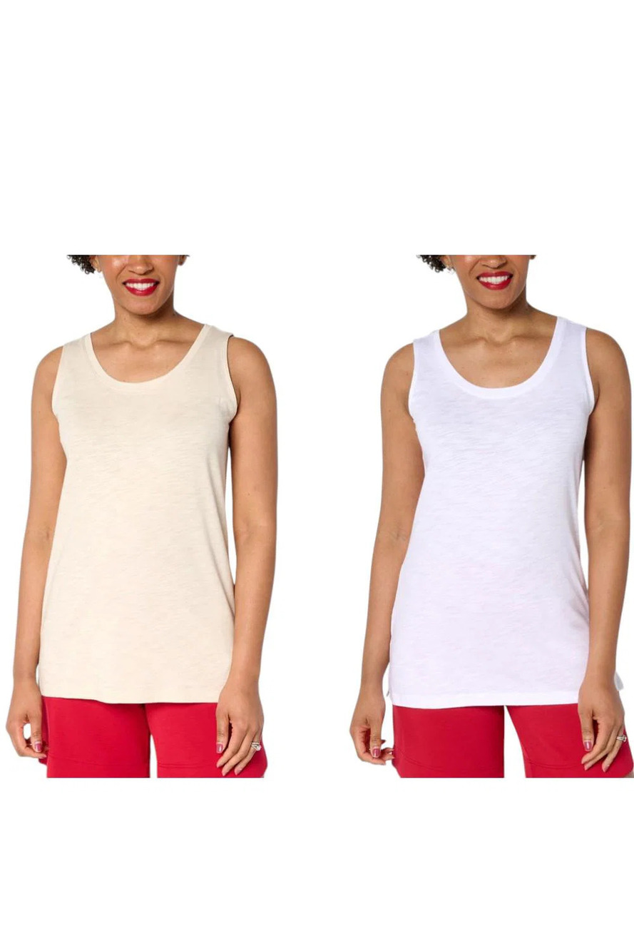 Belle by Kim Gravel Women's 2-Pack Slub Knit Tanks Sand Bar/White - Regular